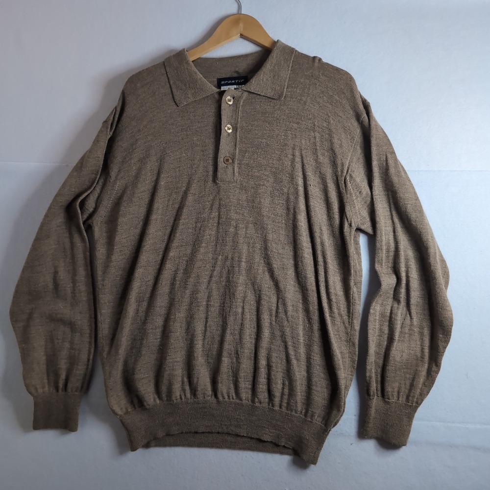 Sportif Mens Brown Baby Alpaca Merino Wool Long Sleeve Polo Sweater Large Peru